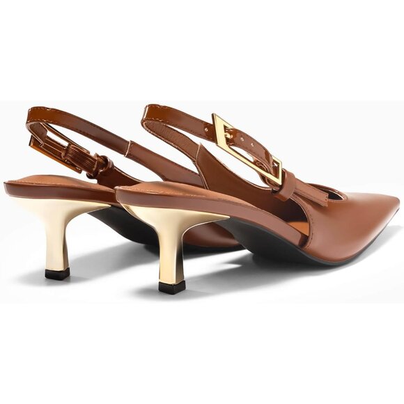 Women's Brown Slingback Kitten Heels Closed Pointed Toe Pumps Buckle Strap - Picture 6 of 6